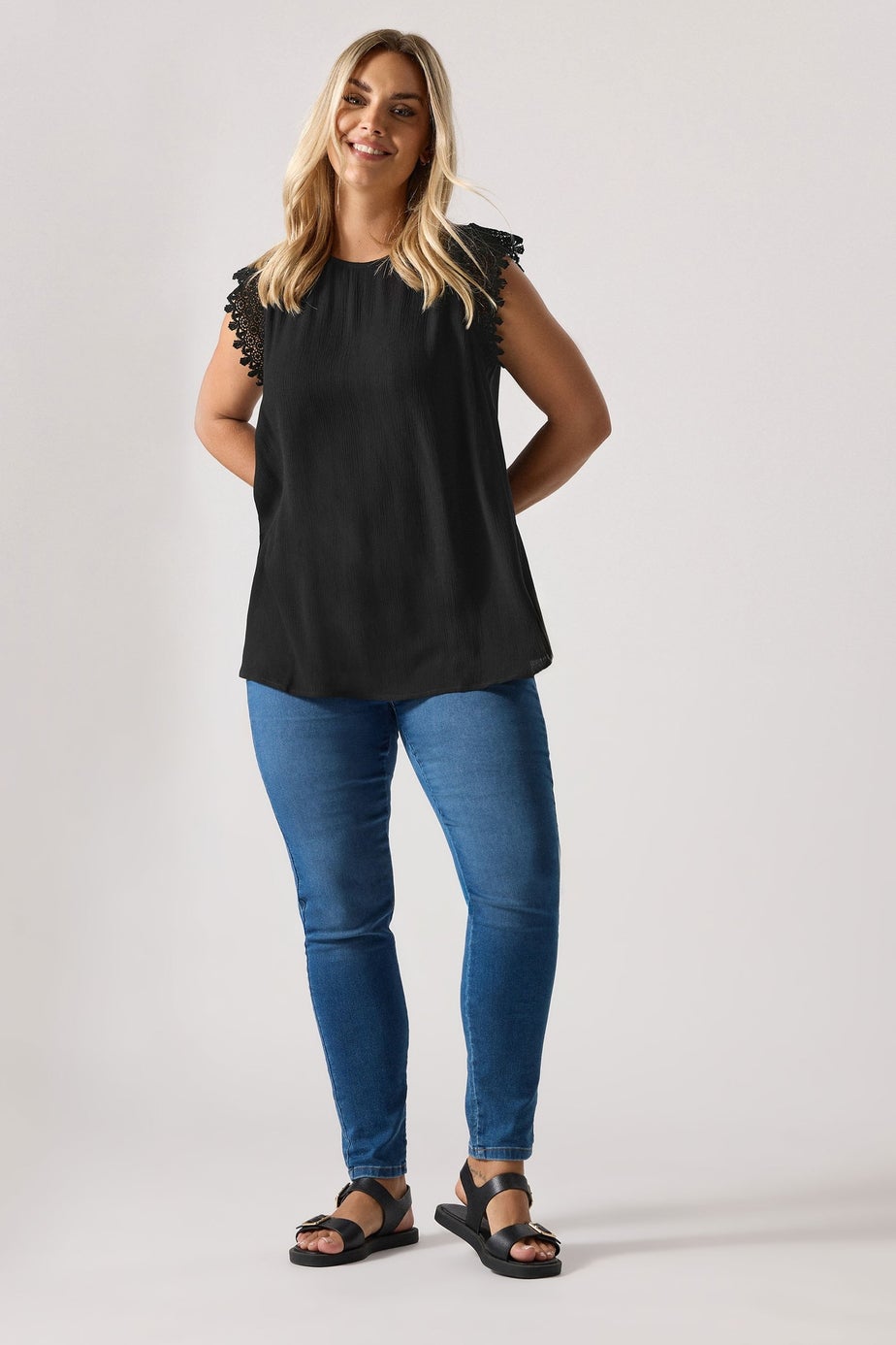 Yours Curve Black Textured Crochet Sleeve Top