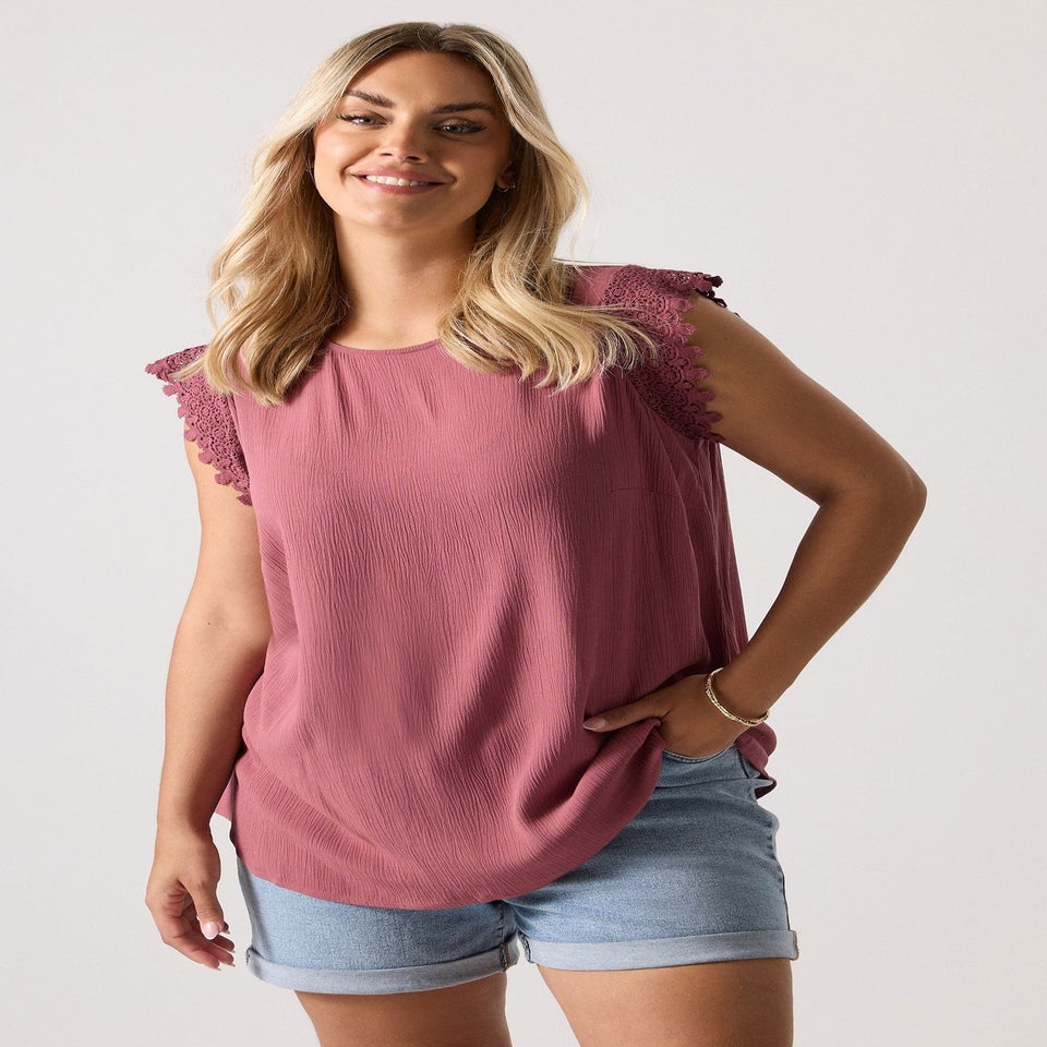 Yours Curve Pink Textured Crochet Sleeve Top