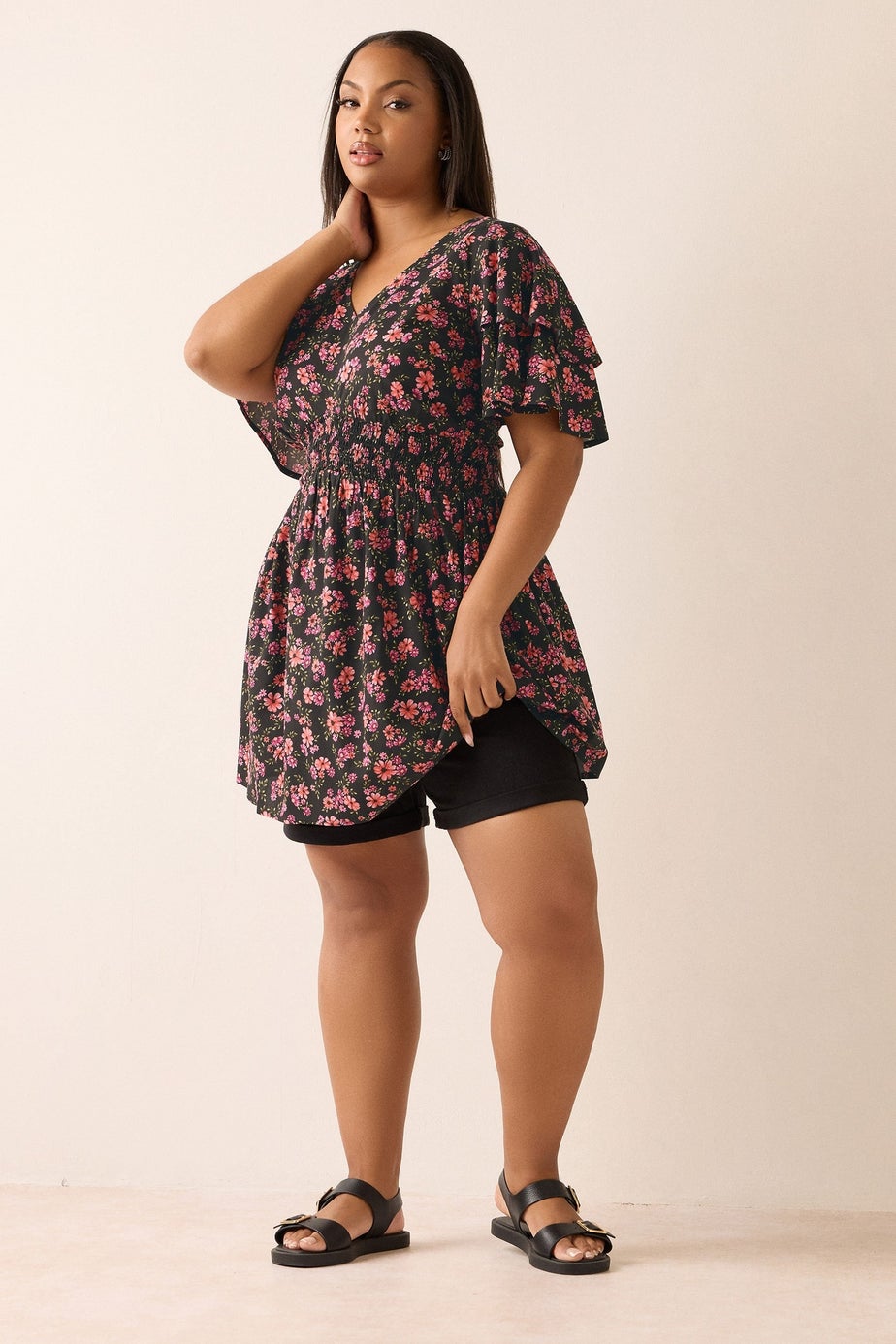 Yours Curve Pink Floral Print Flutter Sleeve Top