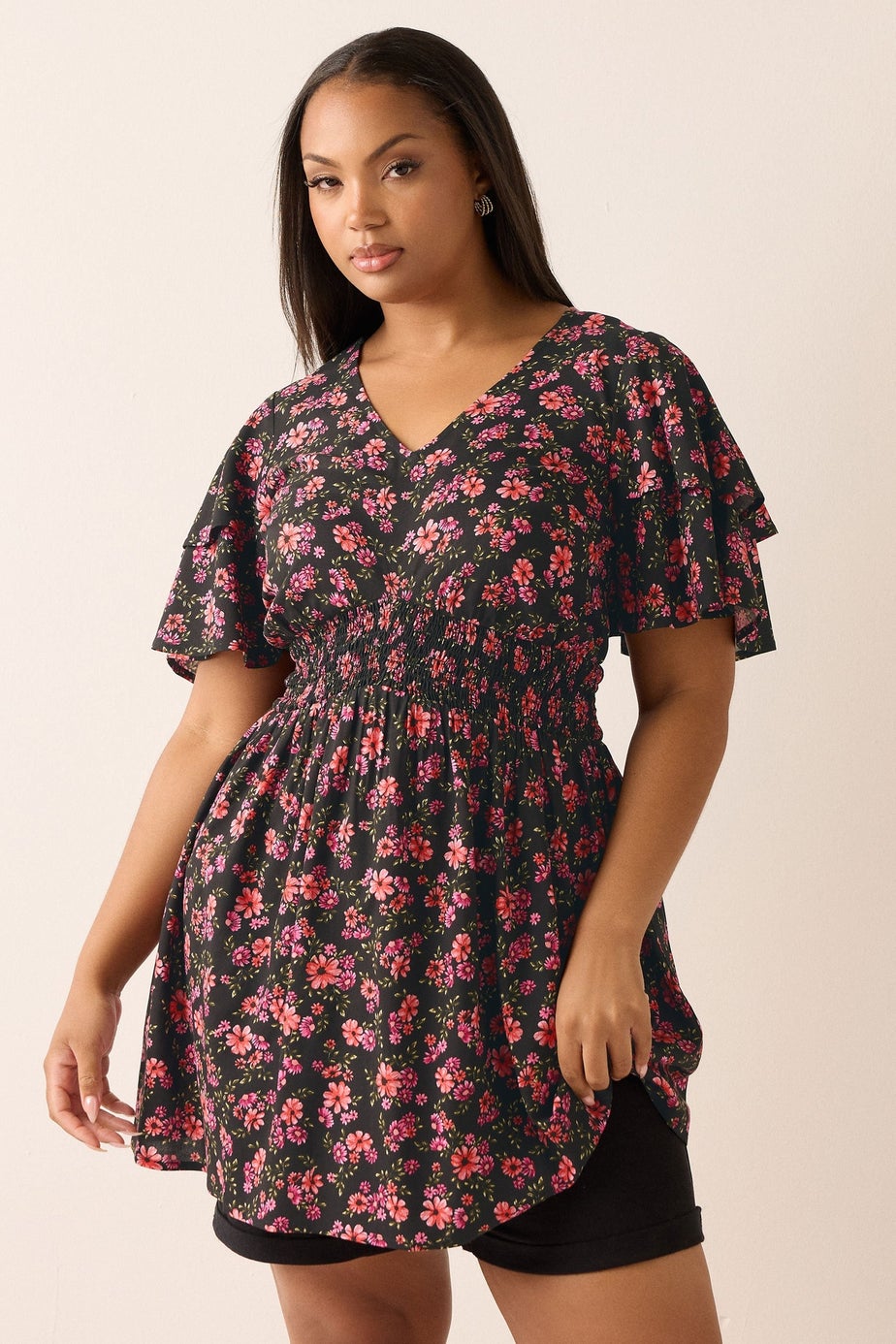 Yours Curve Pink Floral Print Flutter Sleeve Top