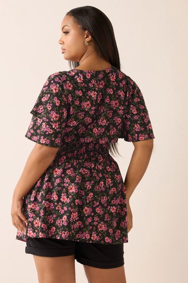 Yours Curve Pink Floral Print Flutter Sleeve Top