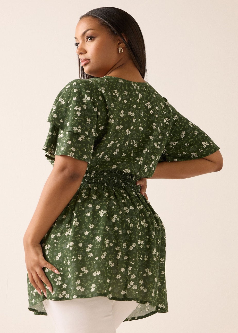 YOURS Curve Green Floral Print Flutter Sleeve Top