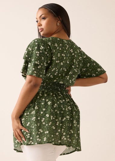 YOURS Curve Green Floral Print Flutter Sleeve Top