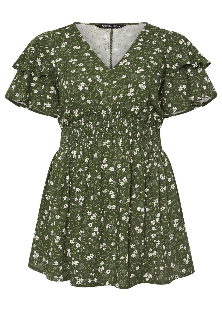 YOURS Curve Green Floral Print Flutter Sleeve Top