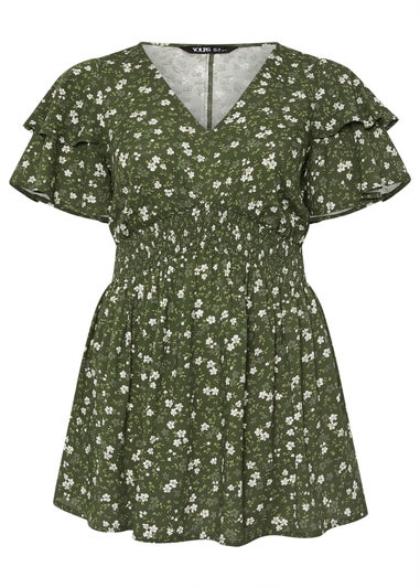 YOURS Curve Green Floral Print Flutter Sleeve Top