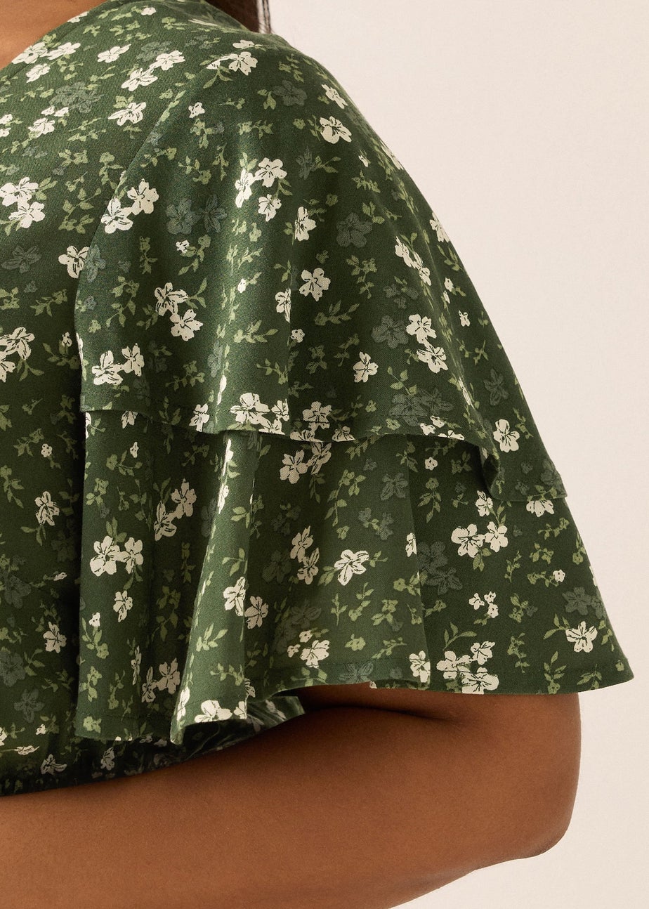 YOURS Curve Green Floral Print Flutter Sleeve Top