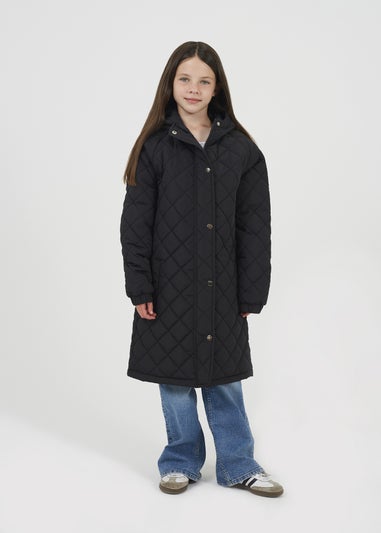 Brave Soul Black Diamond Quilted Longline Hooded Jacket (7-13 yrs)
