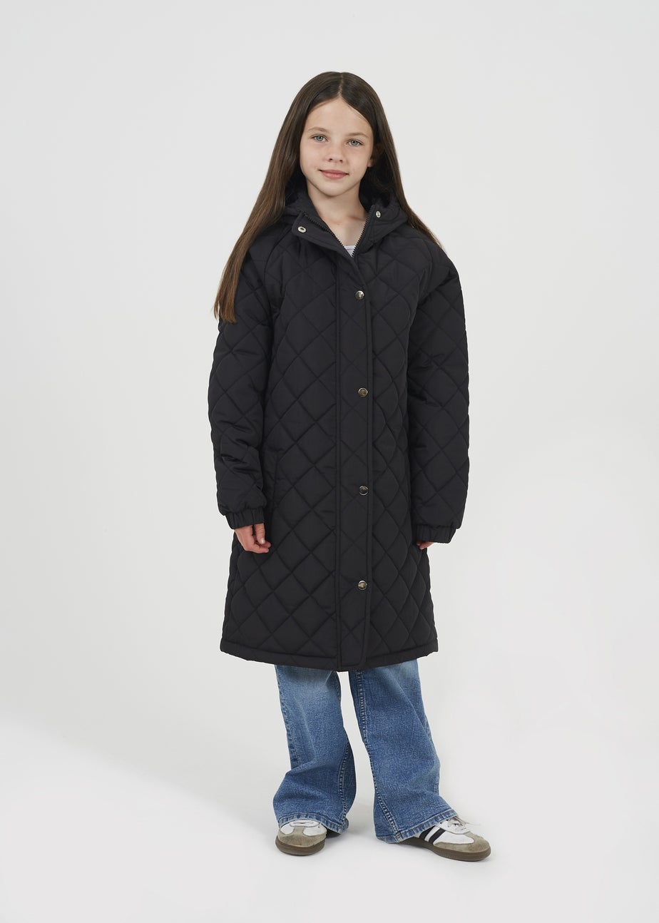 Brave Soul Black Diamond Quilted Longline Hooded Jacket (7-13 yrs)