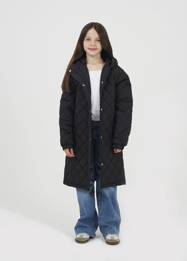 Brave Soul Black Diamond Quilted Longline Hooded Jacket (7-13 yrs)