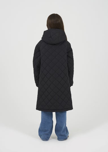 Brave Soul Black Diamond Quilted Longline Hooded Jacket (7-13 yrs)
