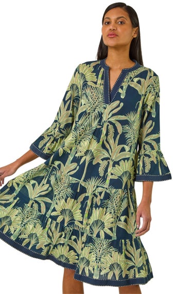 Roman Navy Palm Print V-Neck Tiered Dress