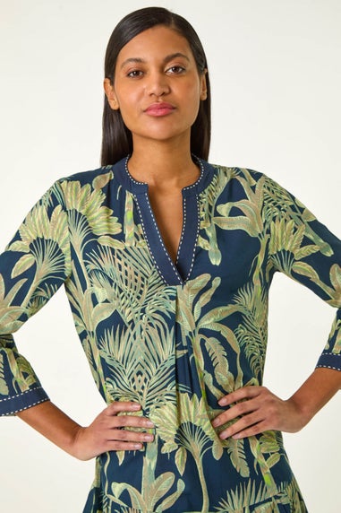 Roman Navy Palm Print V-Neck Tiered Dress