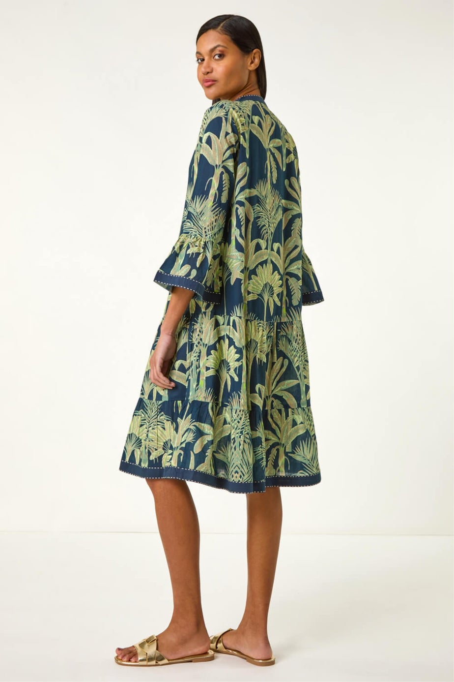 Roman Navy Palm Print V-Neck Tiered Dress