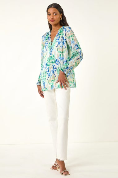 Roman Blue Printed Metallic Button Blouse