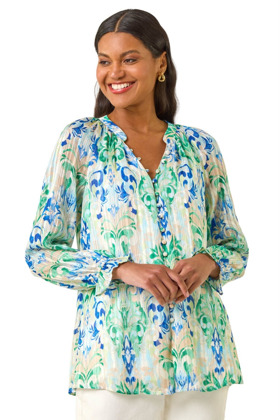 Roman Blue Printed Metallic Button Blouse