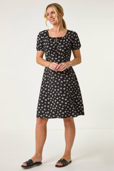 Roman Black Petite Ditsy Floral Tie Detail Dress