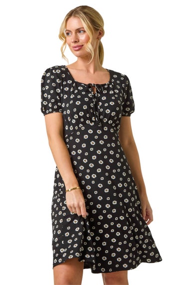 Roman Black Petite Ditsy Floral Tie Detail Dress