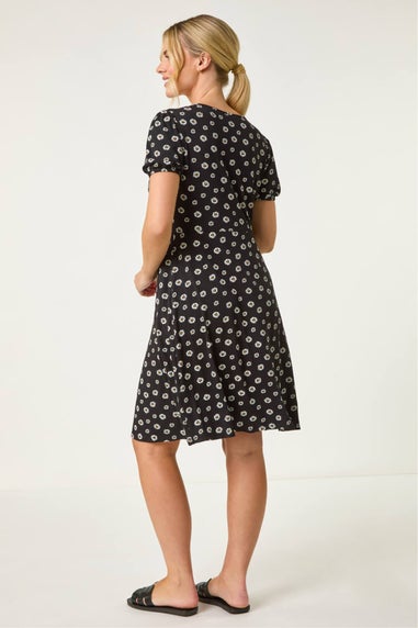 Roman Black Petite Ditsy Floral Tie Detail Dress