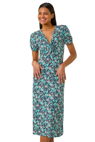 Roman Navy Floral Front Twist Stretch Midi Dress