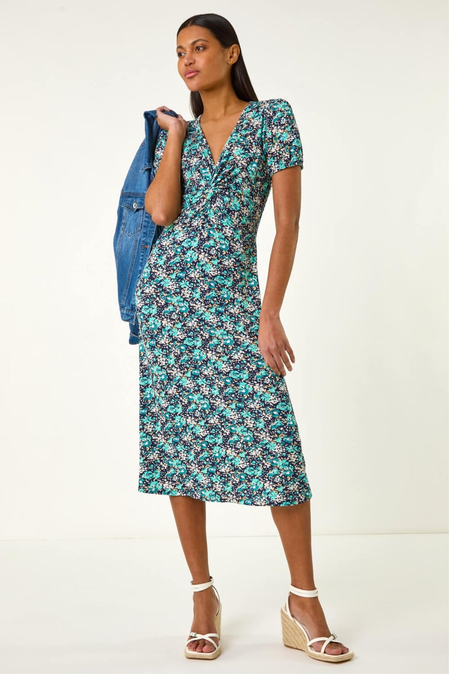 Roman Navy Floral Front Twist Stretch Midi Dress