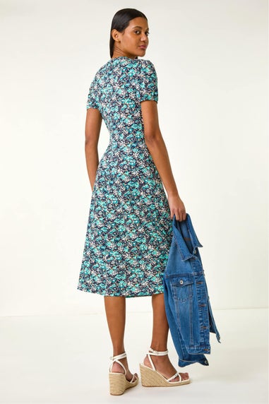 Roman Navy Floral Front Twist Stretch Midi Dress