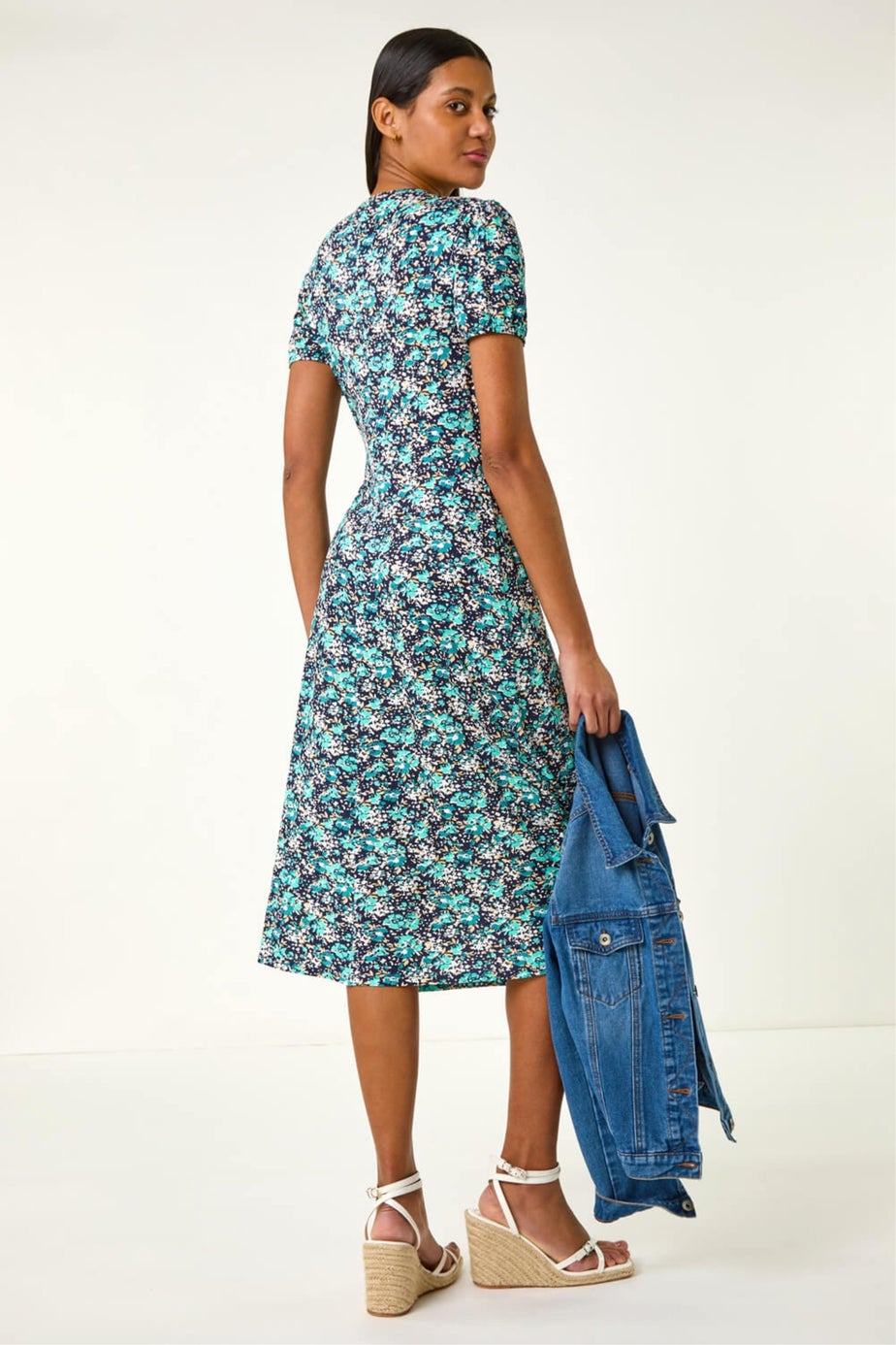 Roman Navy Floral Front Twist Stretch Midi Dress