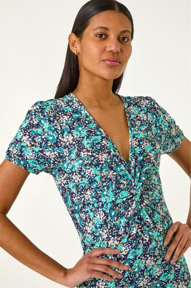 Roman Navy Floral Front Twist Stretch Midi Dress