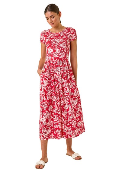 Roman Red Floral Print Stretch Midi Dress