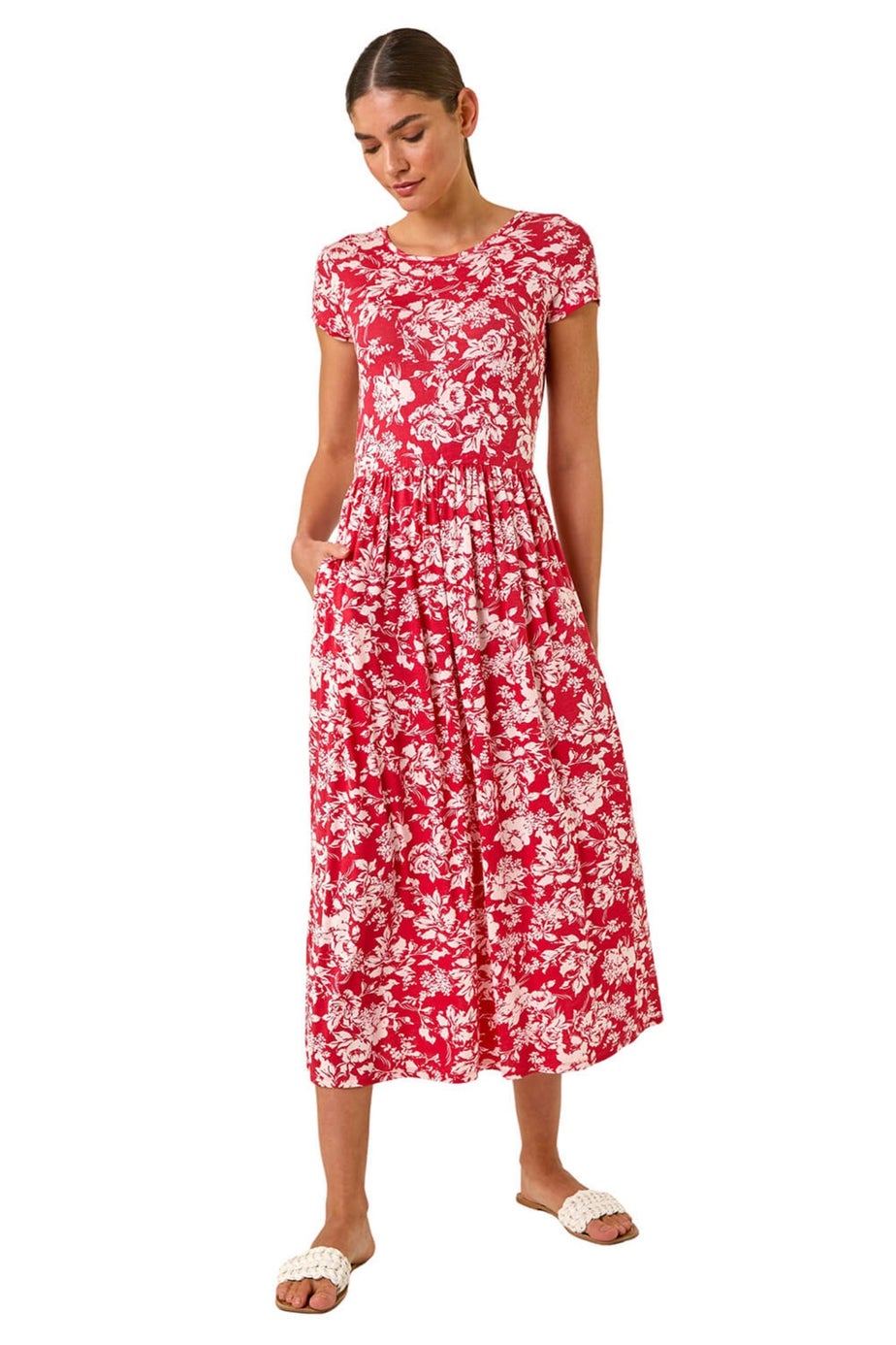 Roman Red Floral Print Stretch Midi Dress