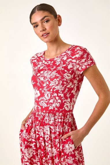 Roman Red Floral Print Stretch Midi Dress