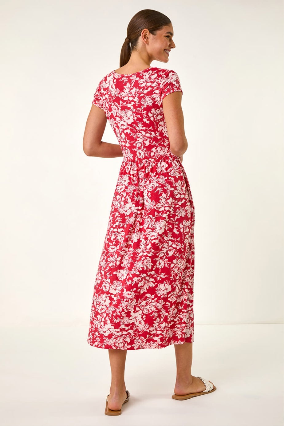 Roman Red Floral Print Stretch Midi Dress