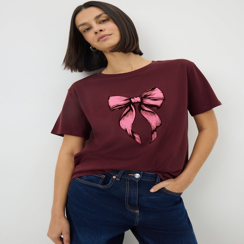 Burgundy Bow Print T Shirt