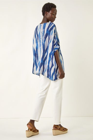 Roman Blue Abstract Print Buttoned Tunic Top