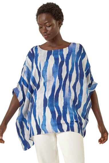 Roman Blue Abstract Print Buttoned Tunic Top