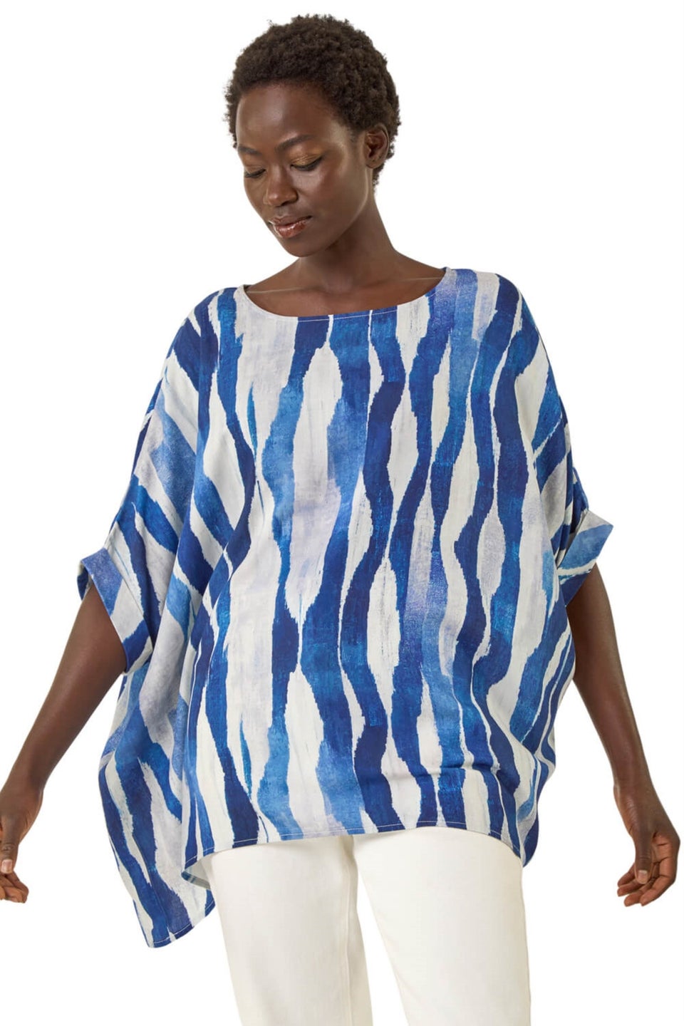 Roman Blue Abstract Print Buttoned Tunic Top