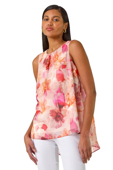 Roman Coral Floral Print Metallic Shell Top