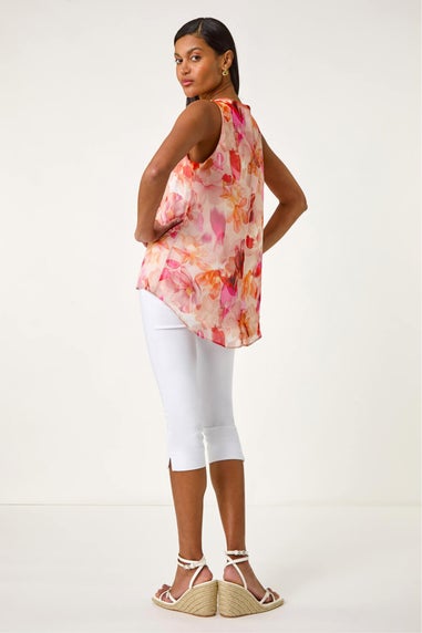 Roman Coral Floral Print Metallic Shell Top