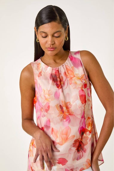 Roman Coral Floral Print Metallic Shell Top