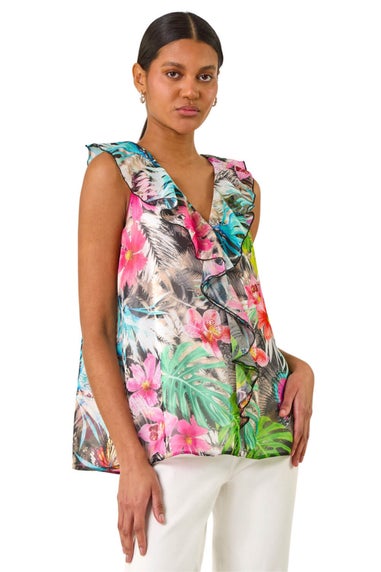 Roman Multi Tropical Print Ruffle Front Vest