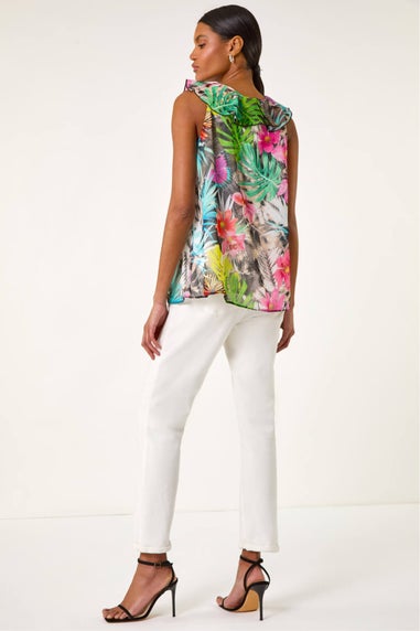 Roman Multi Tropical Print Ruffle Front Vest