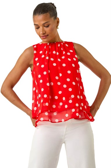 Roman Red Spot Print Double Layered Pleated Top