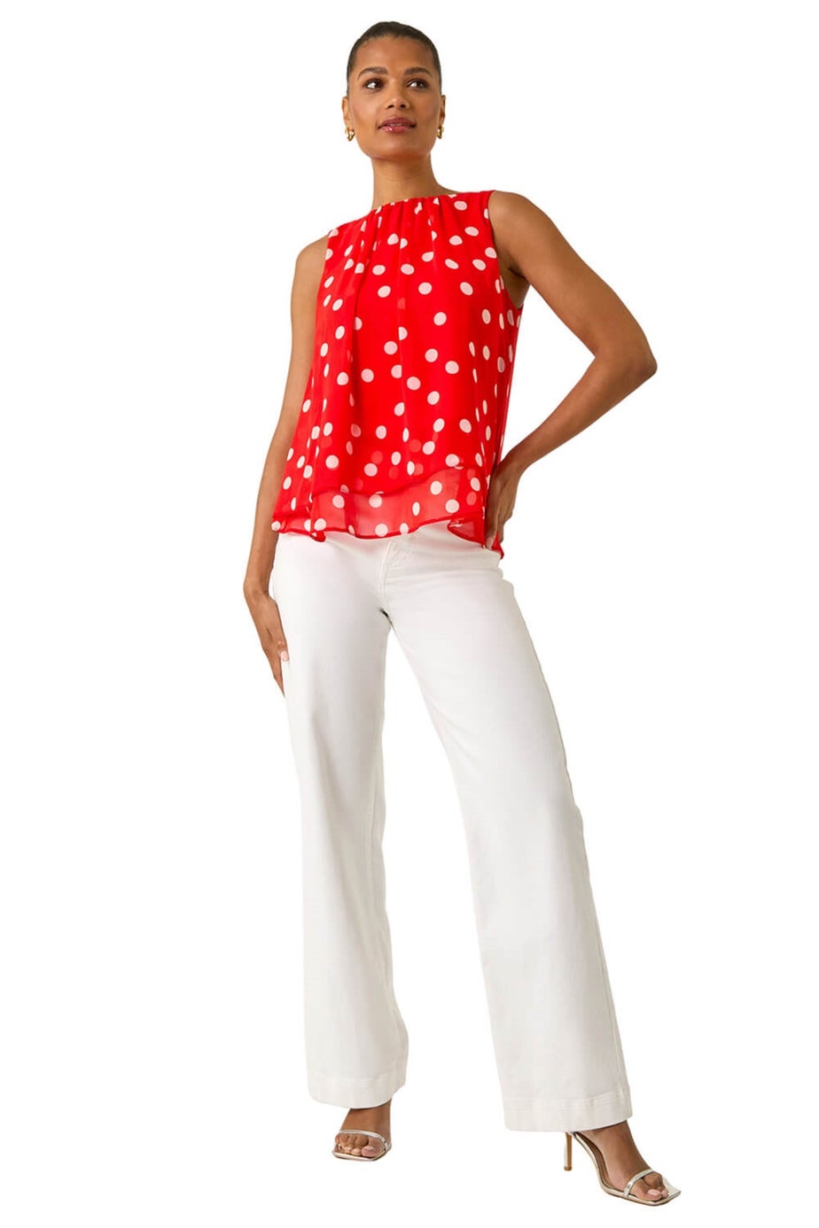 Roman Red Spot Print Double Layered Pleated Top