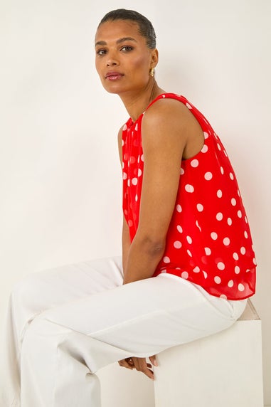 Roman Red Spot Print Double Layered Pleated Top