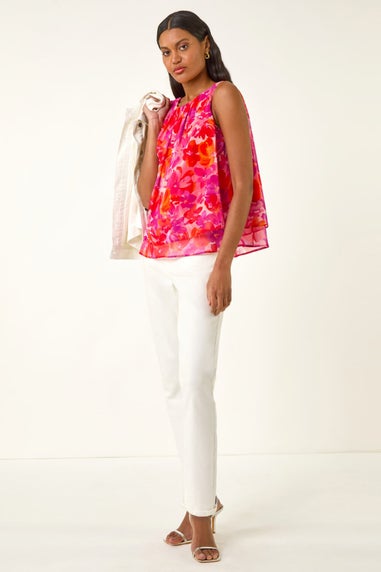 Roman Pink Floral Double Layered Pleated Top