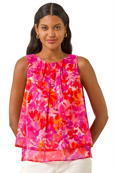 Roman Pink Floral Double Layered Pleated Top