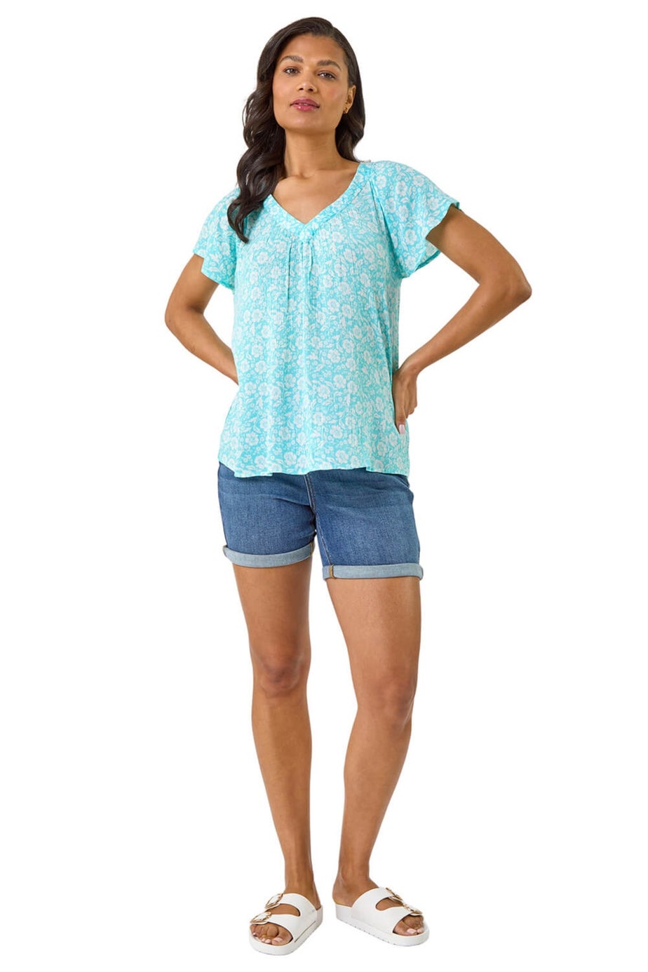 Roman Turquoise Floral Print V-Neck Top