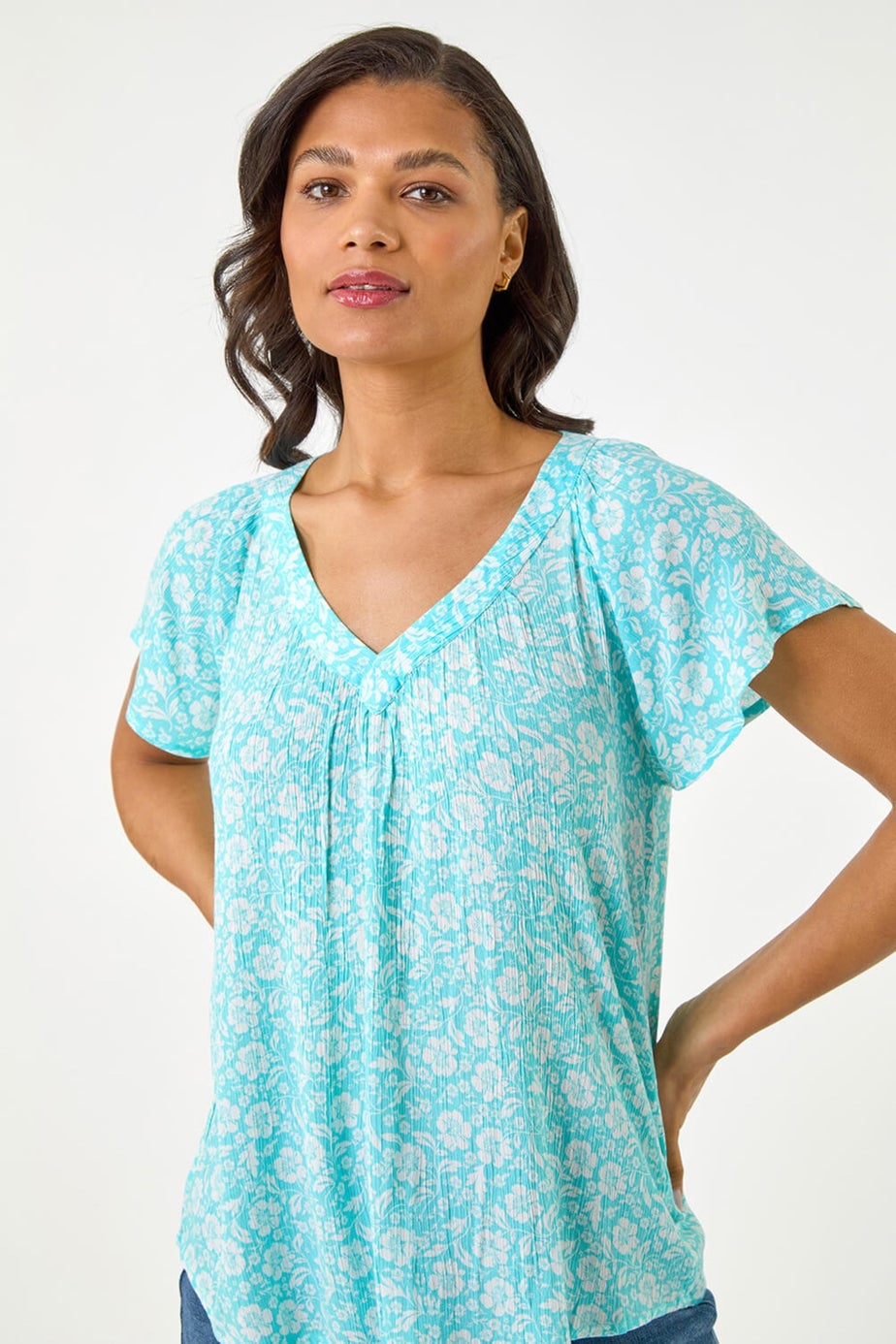 Roman Turquoise Floral Print V-Neck Top