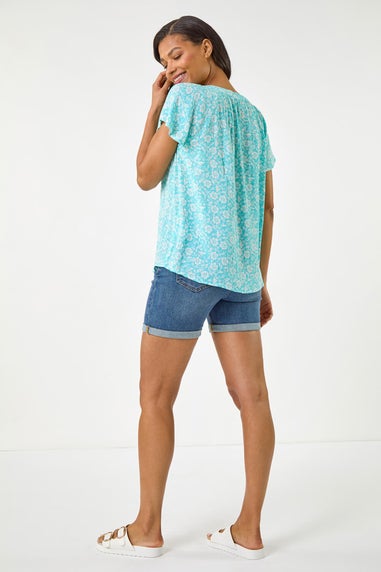 Roman Turquoise Floral Print V-Neck Top
