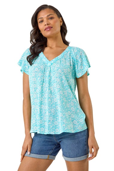 Roman Turquoise Floral Print V-Neck Top