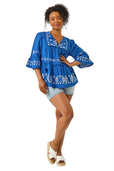 Roman Blue Petite Contrast Print Pom Pom Top